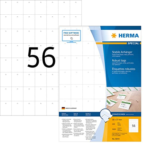 HERMA 8044 Stabile Anhänger perforiert, 100 Blatt, 30 x 37 mm, 56 pro A4 Bogen, 5600 Stück, bedruckbar, matt, blanko Preisanhänger Produktanhänger aus Papier/Folie/Papier-Verbund, weiß