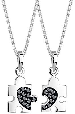 Elli Halskette Damen Puzzlestück Anhänger Partnerkette mit schwarzen Kristallen in 925 Sterling Silber