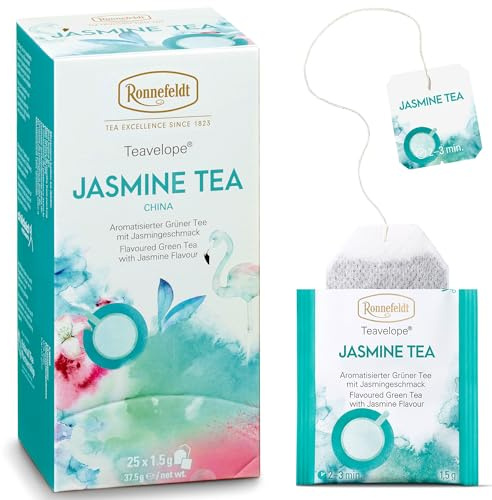 Ronnefeldt Teavelope Jasmine Tea - Grüntee, 25 Teebeutel, 37,5 g | Zartes Jasminaroma, feiner chinesischer grüner Tee, deutsch, heiß oder eisgekühlt, einzeln verpackte Teebeutel, 25 Stück