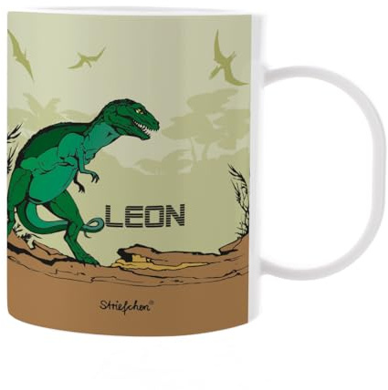 Striefchen® niedliche Kindertasse aus Kunststoff mit Aufdruck des Namens - für Jungen und Mädchen T-Rex