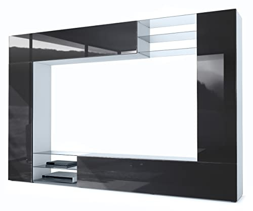 Vladon Wohnwand Mirage, Made in Germany, Anbauwand mit Rückwand mit 2 Türen, 2 Klappen und 6 offenen Glasablagen, Weiß matt/Schwarz Hochglanz (262 x 183 x 39 cm)