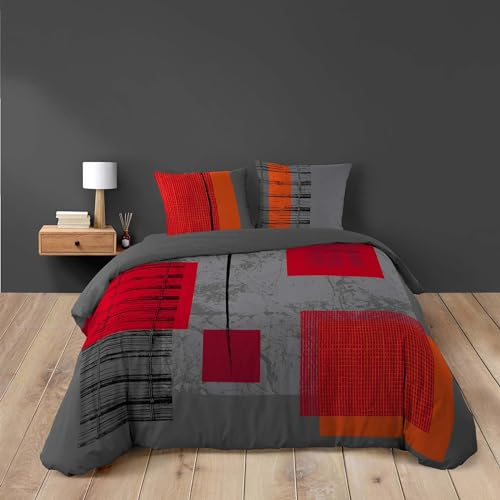 Douceur d'Intérieur, Parure de Lit 3 Pièces (240 x 220 cm) Quadro Orange, 100% Coton