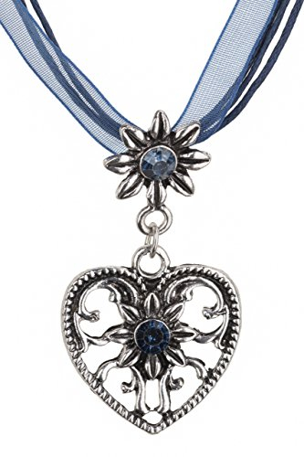Trachtenkette Herz & Edelweiss mit glänzenden Strasssteinen - Trachten Kette Schmuck in div Farben - perfekt für Dirndl, Lederhose und Trachtenbluse (Dunkelblau)