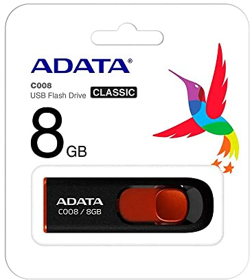 ADATA C008 8GB USB 2.0 Retractable Capless Flash Drive, Black/ Red (AC008-8G-RKD)