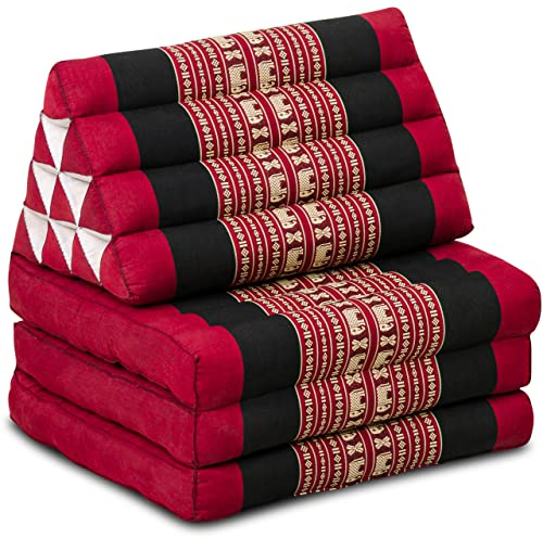 livasia cojín tailandés con 3 Inferiores - 175x50x8cm - Cojín Triangular y colchón Plegable, Almohada,kapok, Cojín Espalda, Esterilla Thai Plegable, Hecho a Mano, Cojín meditación (Rojo/Elefantes)