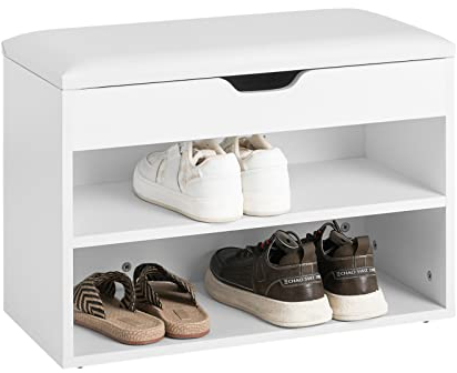 SoBuy Schuhbank Sitzbank Schuhregal mit Sitzfläche und Stauraum, stabile Schuhtruhe für Flur Wohnzimmer, platzsparend, bis 120 kg belastbar, weiß 60x30x44 cm FSR25-W