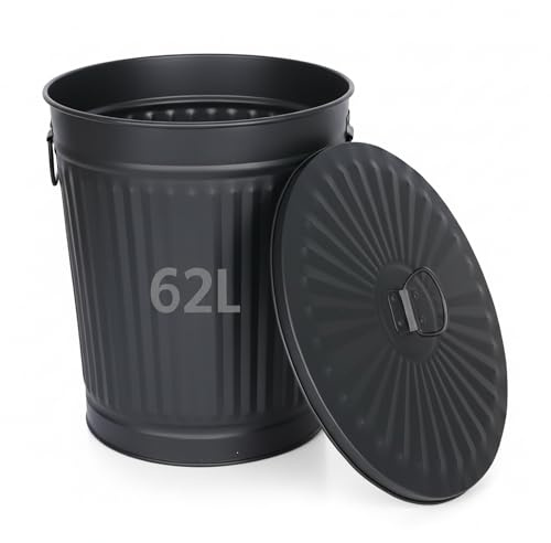 Jinfa Ascheeimer mit Deckel feuerfest 62L Schwarz Metall Mülleimer Mülleimer für gelben Sack Pfandbehälter Blecheimer Pelletbehälter Futtertonne Kamin Eimer Metalleimer mit deckel für Küche