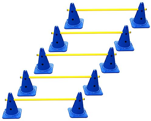 Boje Sport - 5er Steckhürdenset für Leichtathletik – 10 Mehrzweckkegel 30 cm, 5 Stange 100 cm – Farbe: blau, gelb