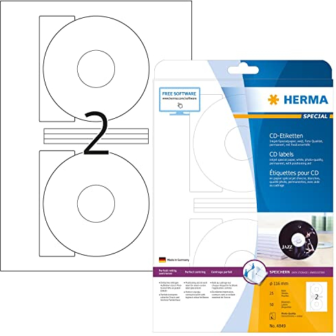 HERMA 4849 CD DVD Etiketten inkl. Zentrierhilfe für Inkjet Drucker, 25 Blatt, Ø 116 mm, 2 pro A4 Bogen, 50 Stück, selbstklebend, bedruckbar, matt, blanko Papier Klebeetiketten Aufkleber, weiß
