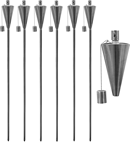 Harbour Housewares Metal Garden Torches - Cone - Pack of 6-146cm Silver Garden Torches Lighting Modern Outdoor Lighting Paraffin Oil Lamp Candle Flame Lantern for Parties, Outdoor Events, BBQs