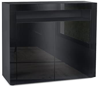 Vladon Kommode Valencia, Made in Germany, Sideboard mit 2 Türen und 1 offenem Fach, Schwarz matt/Schwarz Hochglanz/Schwarz Hochglanz (108 x 92 x 40 cm)