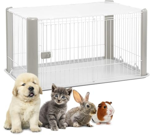 Iris Ohyama, Parc à chiot / enclos pour chien d'intérieur avec base toit amovible, porte coulissante verrouillable pour chien - Pet Circle CLS-1130, Gris