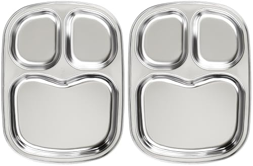 Korean Stainless Steel Divided Plates for Toddlers, Kids, Babies, Premium 304, Electro-Polished, No Black Residue, BPA-Free, 3-Compartment Plate, Food Tray for Camping, Balanced Meals, Set of 2