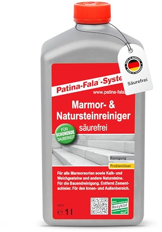 Patina-Fala® Marmor- & Natursteinreiniger 1 L – Säurefrei – Entfernt Zementschleier auf Fliesen – Für Marmor & Kalkstein – Ideal zur Bauendreinigung, Balkon & Terrasse – Made in Germany