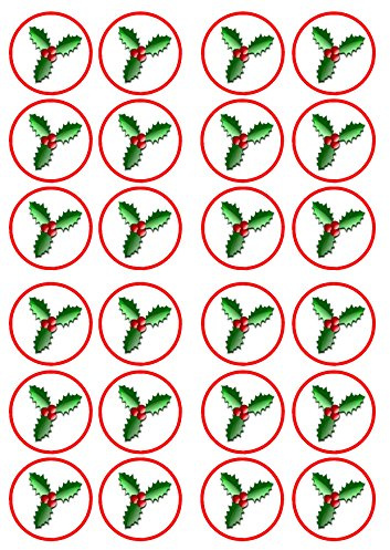 Christmas Holly Cupcake Toppers, Weihnachtliche Stechpalme, Oblatenkartendekoration für Weihnachtsfeiern und festliches Backen, 24 x 4 cm große Scheiben (ungeschnitten)
