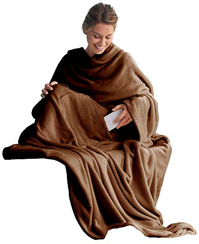 CelinaTex TV Decke Coperta soffice con Maniche Tasche Tasche per i Piedi Microfibra Pile Coral Coperta 170 x 200 cm Marrone