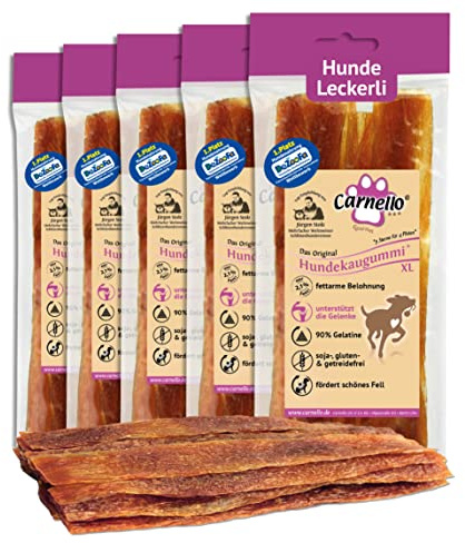 Carnello Hundekaugummi XL – Hundeleckerli große Hunde, Hundesnack, Hunde Kauartikel, Hundeleckerli getreidefrei – Wiederverschließbare Beutel (5 x 90g) | Carnello | Ergänzungsfuttermittel | Kausnack zur Ergänzung der täglichen Fütterung | Mit Kollagen und Hühnerleber
