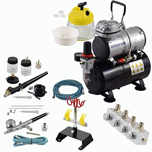 Agora-Tec® Airbrush Komplett-Set PROFI XVIII.1, inkl. Kompressor mit 4 bar & 20l/min und 3 Liter Tank + 2 Airbrushpistolen mit 0,2 & 0,3 & 0,5 & 0,8mm Nadeln/Düsen + regelbaren 4-fach Luftdruckverteiler + 4-fach Halter + Clean-Pot + 2 Schläuche + Adapter