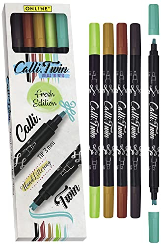 Online Calli.Twin Fresh, Double Line Pen, 5er Set Handlettering Pens, Stifte mit Doppel-Spitze, Kalligraphie-Set, Calligraphie-Spitze und gespaltene Spitze für Bullet Journal, Aquarell, Wasserfarben