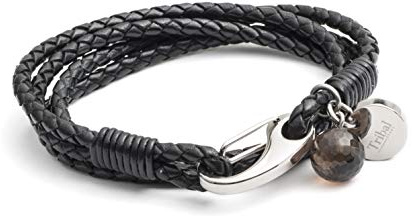 Tribal Steel Black Leather Bracelet for Women - Ladies 19cm Leather Charm Bracelet with a Crystal Charm, Stainless Steel Clasp
