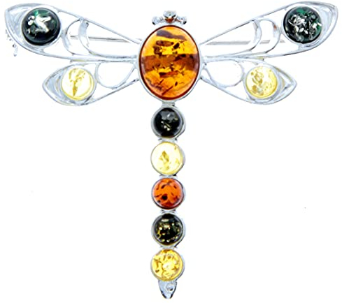 SilverAmber Jewellery - 925 Sterling Silber & echter baltischer Mehrfarbiger Bernstein Libellenbrosche 4032