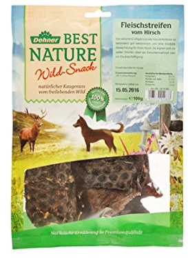 Dehner Best Nature Hundesnack, Leckerli 100 % natürlich, Kausnack für ausgewachsene / sensible Hunde, Barf geeignet, Hirschfleisch-Streifen, 5 Stück (100 g)