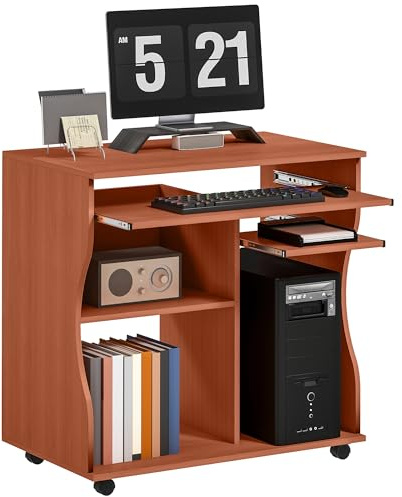 HOMCOM Computer Desk Sliding Keyboard Tray on Wheels Cherry Wood Colour