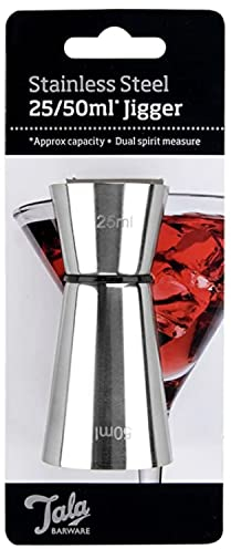 Tala Stainless Steel Cocktail Jigger - Dual Spirit Measuring Cup for Home Bar - Single & Double Shot Measure, 25ml & 50ml, Silver
