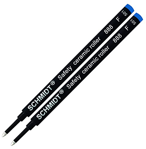 Schmidt 888 Writing Fine Tip Point (0.6mm) Blue Ink Plastic Tube/Body Stainless Steel Tip Safety Ceramic Roller Ball Refill - Pack 2