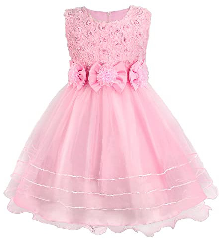 Discoball Girls Princess Dress Rose Flower Bow Tie Party Dresses Tulle Wedding Dresses Bridesmaid Christening Elegant Formal Dress for Girls (Pink)