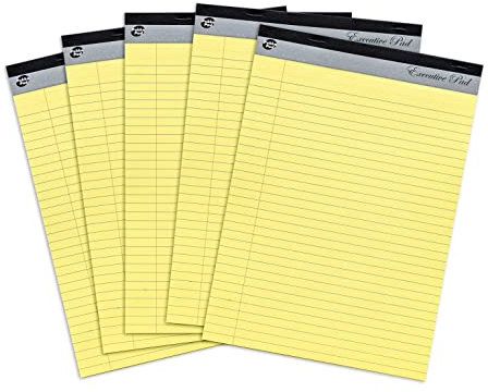 Pukka Pad, Executive Refill A4 Legal Pad – Pack of 5 Tape Head-Bound Notepads with 100 Perforated Pages of 60GSM Paper – Feint Ruled with Margin and 8mm Lines – 29.7 x 21cm, Yellow