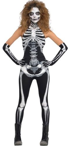 Amscan - Erwachsenenkostüm Skelett Bodysuit, Jumpsuit, Overall, Handschuhe, Halloween, Mottoparty, Karneval