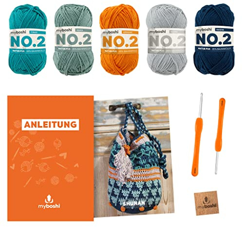 myboshi Häkelset Tasche Shunan, inkl. No.2 Wolle, Nadel und Anleitung, Häkelpaket, leichtes Sommergarn, Umhänge-Tasche 85% Baumwolle, 15% Kapok Blau mit Häkelnadel