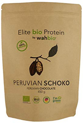 WAHBIO 100% Bio Whey Protein – Pulver mit SCHOKOLADE Geschmack (450g) – 4 Komponenten Bio-Protein-Pulver (Whey, Casein, Ei und Soja Komponenten) – ohne Zucker, Süßungsmittel und Zusatzstoffe