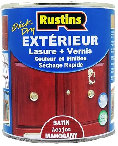 Rustins (QD Mahogany Wood Stain) - 500 ml - Exterior Stain + Varnish - Quick Drying - Mahogany Satin Finish - 15 m²/L