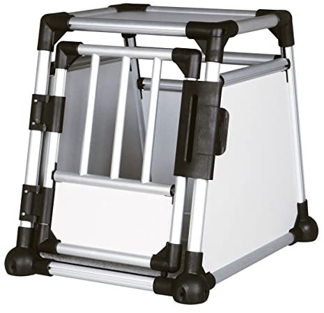 TRIXIE Hunde-Transportbox, Aluminium, S: 48 × 57 × 64 cm, hellgrau/silber, extra stabil, sicher, geräuscharm, mit rutschfester Liegematte, mit Klettleiste am Boden - 39340