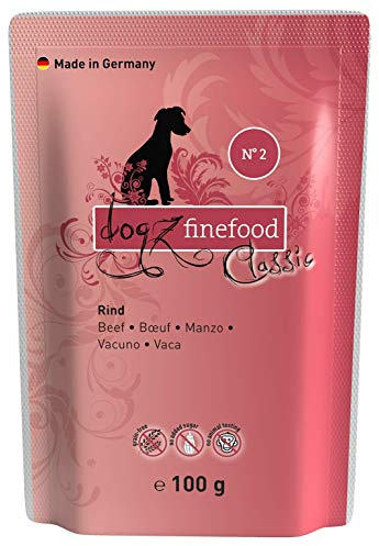 Dogz finefood Cibo Umido per Cani e Cuccioli, N° 2 Manzo, Senza Cereali e Senza Zucchero, Alta Percentuale di Carne, 12 Sacchetti da 100 g
