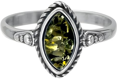 Designer Inspirations Boutique Bague en ambre de la Baltique et argent sterling de style marquise avec bords cordés et épaules ornées pour femmes - Bijoux en ambre de la Baltique – Tailles de L à R