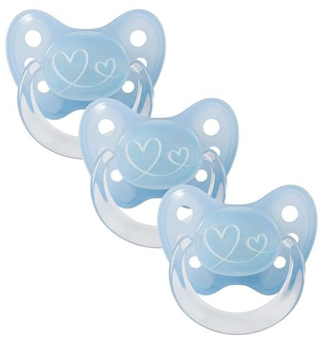 dentistar Latex Schnuller 3er-Set - Größe 1 Schnuller 0-6 Monate - Zahnfreundlicher Naturkautschuk Nuckel mit Dentalstufe – BPA-frei - Made in Germany - Herzen, Blau