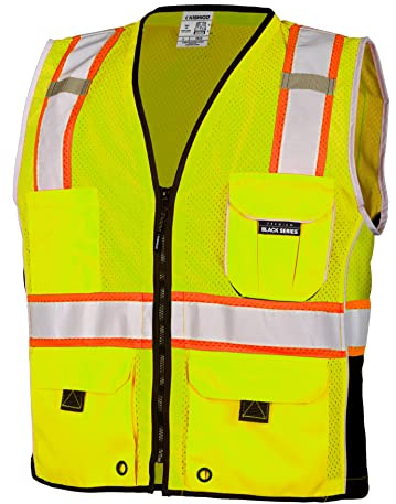 Kishigo Premium Black Series Heavy Duty Unisex Reflective Safety Vest 1513, ANSI Type R / Class 2 Compliant, 6 Pockets - Pencil & Radio Pockets, Reflective Silver Lining & Black Trim (Lime, 2X)