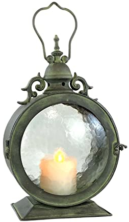 Metal Round Hanging Candle Lantern with Curved Glass Insert, Nautical Coastal Style