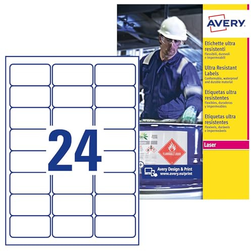 Avery Zweckform L7912-10 Ultra-Resistente Folien-Etiketten, 63.5 x 33.9 mm, 10 Blatt, 240 Etiketten, weiß