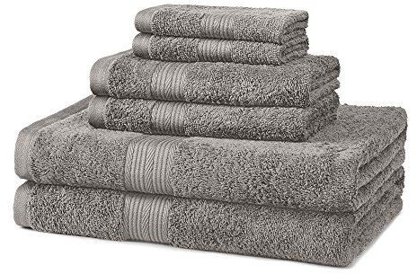Amazon Basics 6-Piece Fade-Resistant 100% Cotton Towel Set for Bathroom, Soft and Absorbent, 2 Bath Towels, 2 Hand Towels, 2 Washcloths, Gray