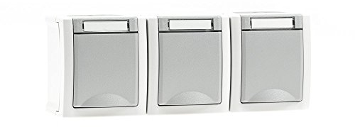Aufputz Feuchtraum Steckdose 3-fach waagrecht IP54, vorverdrahtet, Modell Pacific, grau