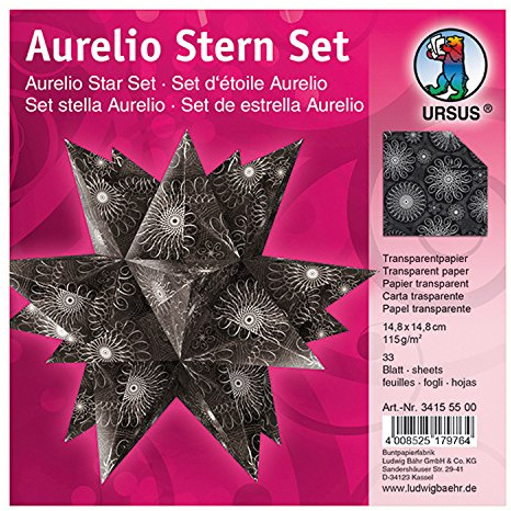 Ursus 34155500 - Faltblätter Aurelio Stern Black & White, Spiralornament, 33 Blatt, aus Transpatentpapier 115 g/qm, ca. 14,8 x 14,8 cm, einseitig bedruckt, ideal als Weihnachtsdeko