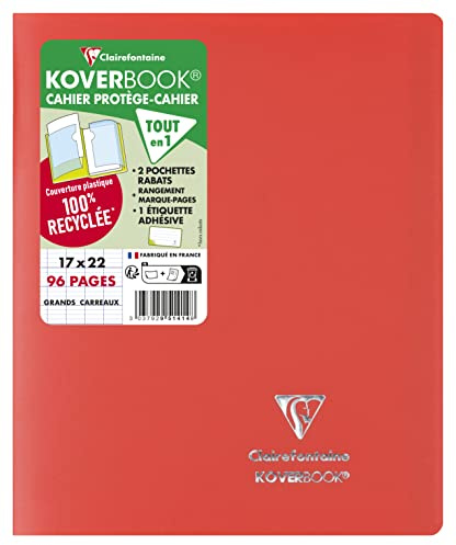 Clairefontaine 951414C - Schulheft / Kladde Koverbook 17x22 cm, 48 Blatt 90g, französische Lineatur, Einband aus blickdichtem Polypropylen, 2 Klarsichthüllen, robust, geheftet, Rot, 1 Stück