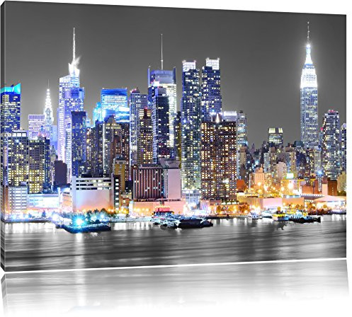 Pixxprint New Yorker Skyline bei Nacht B&W, Größe: 60x40cm, Leinwandbild, fertig gespannt, Wandbild, Dekoration, Kunstdruck, kein Poster
