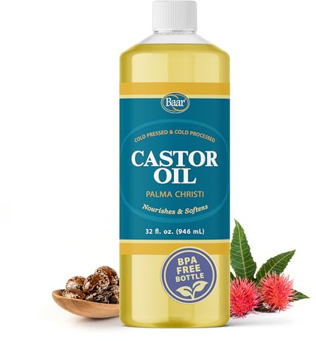 Baar Cold-Pressed Castor Oil, Cold-Processed, Hexane-Free, Palma Christi, for Skin, Hair, Massage & Castor Oil Packs, BPA-Free Bottle, 32 oz
