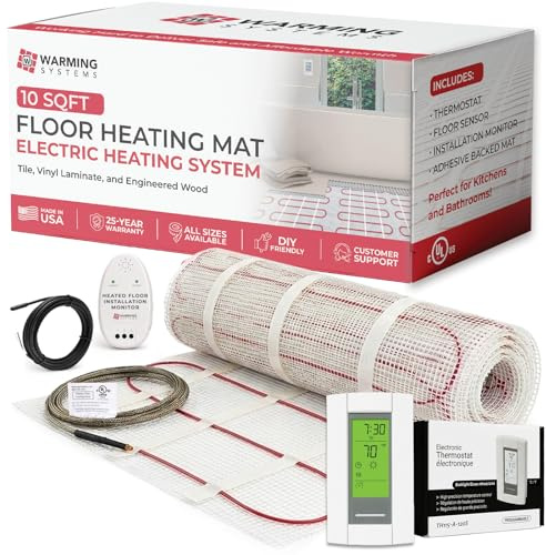 Warming Systems 10 Sqft Electric Radiant Floor Heating Mat – 120V Heated Tile Floor System with Programmable Thermostat (TH115), Floor Sensor, Installation Monitor & 25 Year Warranty, USA Made