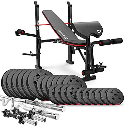 Hop-Sport Hantelbank mit Curlpult, Butterfly, Beincurler & klappbarer Trainingsbank, inkl. 38 kg bis 129,5 kg Hantelset, SZ-Stange, Langhantel, Kurzhanteln – Fitnessbank für Heimtraining